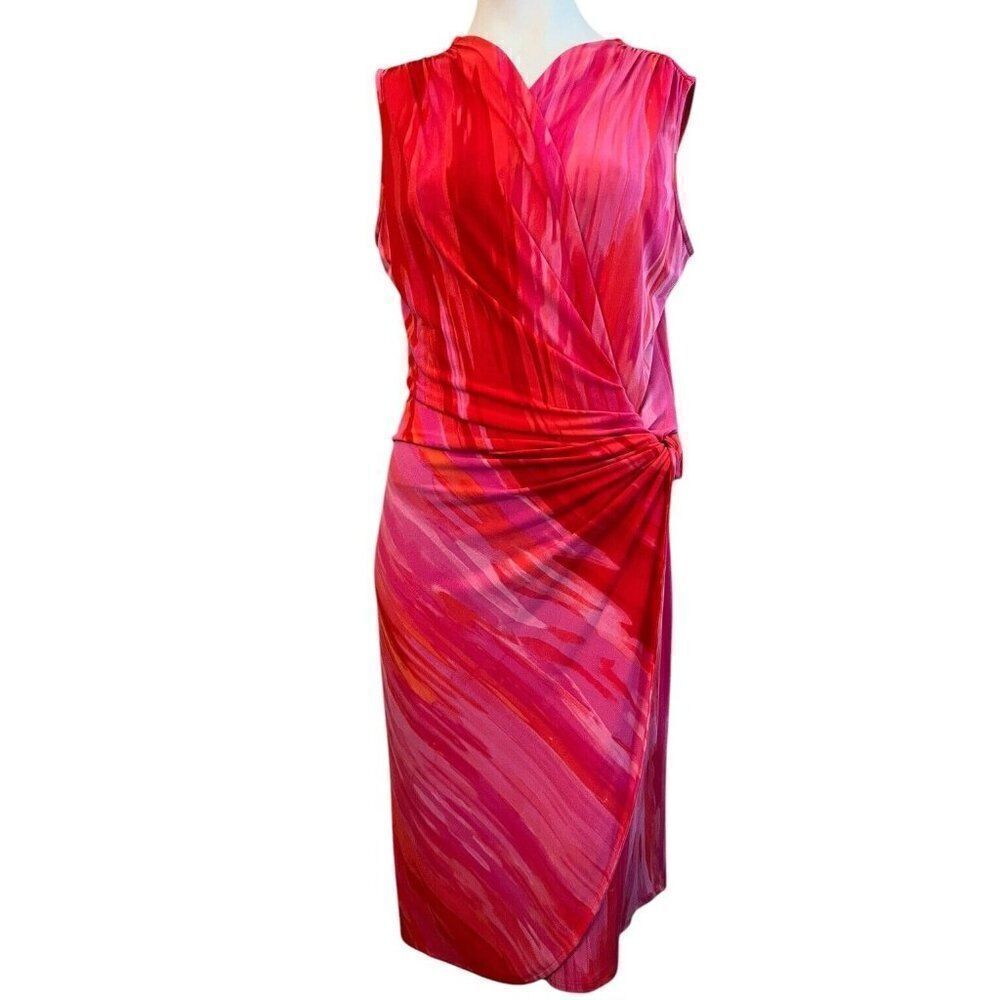 Medium Red Pink Watercolor Striped Knotted Ruched Faux Wrap Dress V Neck Knee